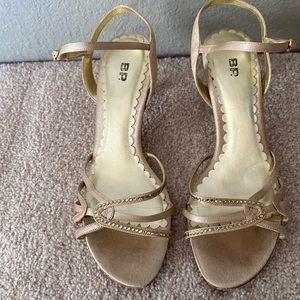 Rhinestone Dress Sandal, gold tone, size 7.5, leather sole, like new, 2-3” heel